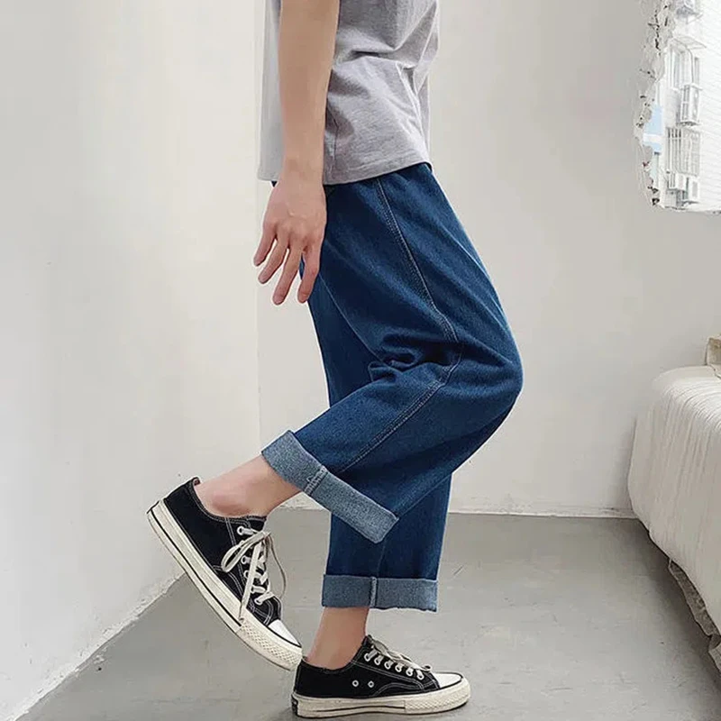 Korean Fashion Men Wide Leg Cropped Pants Jeans Autumn Streetwear Straight Baggy Denim Pants Male Trousers Baggy Jeans Boyfriend
