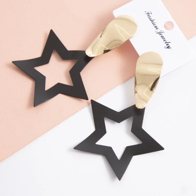 

Metallic hollow-out five-pointed star earrings exaggerated stainless steel plated vintage jewelry earrings for women trendy