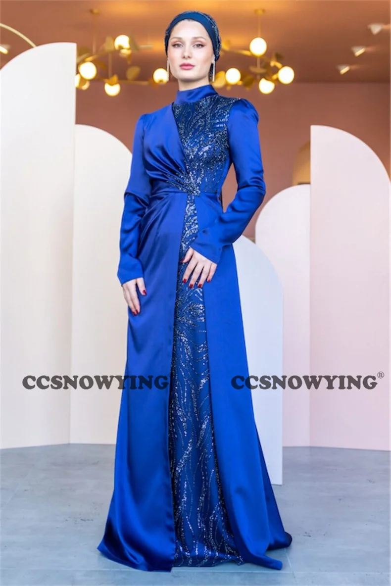 

Satin Appliques Muslim Hijab Evening Dresses Arabic Dubai Long Sleeve High Neck Formal Party Gown A Line Moroccan Caftan