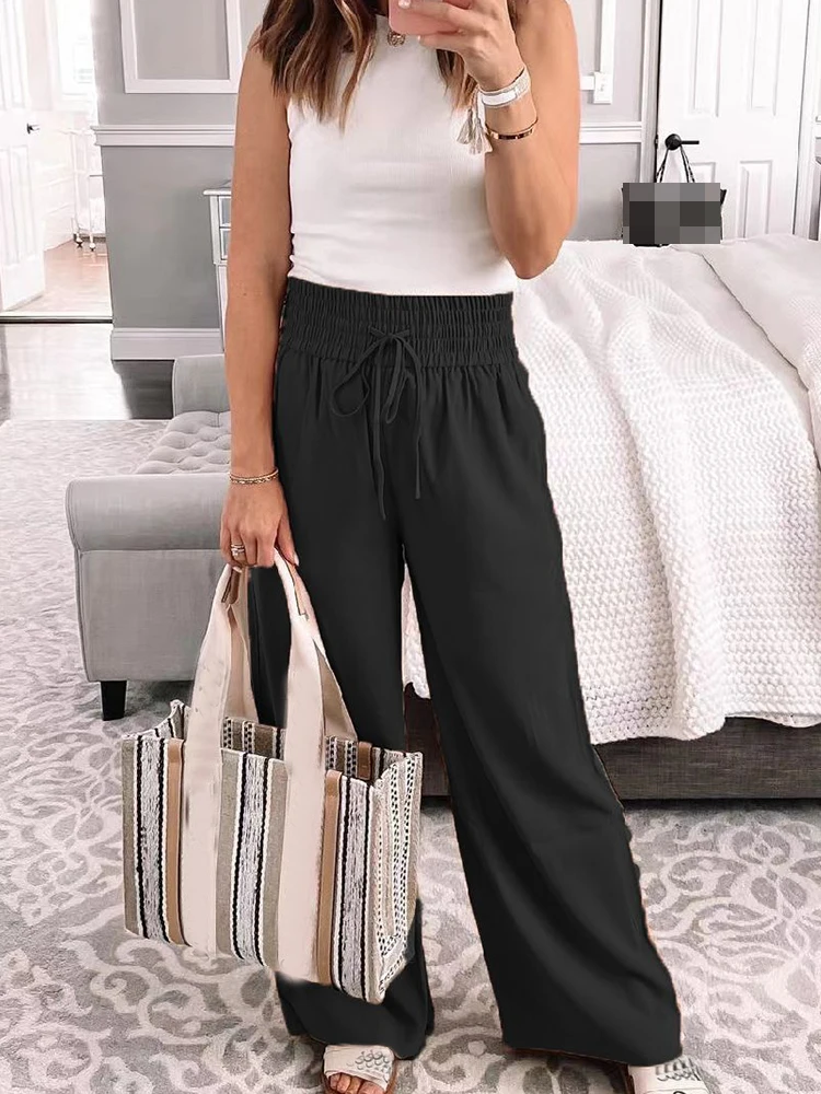 

Women Harajuku Solid Color Lace-Up Trousers Fashion Homewear Long Pants Mujer 2022 Spring Autumn New Elastic Waist Casual Pants