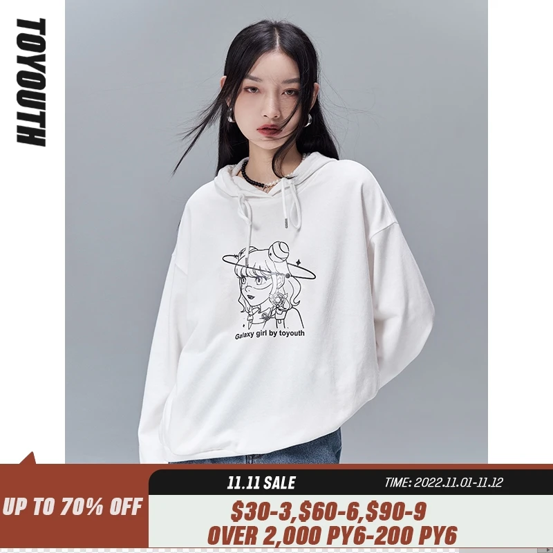 

Toyouth Women Sweatshirts with Hat 2022 Spring Long Sleeves O Neck Loose Hoodies Space Pretty Girl Print Casual Chic Pullovers