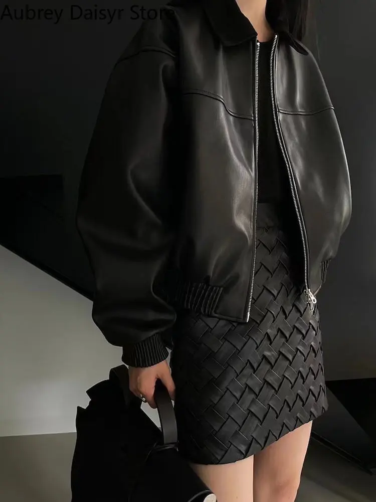 Korean Fashion Elegant Leather Jacket Women Vintage Streetwear Thin Moto Biker Zipper Jacket Winter Chic Y2k Cropped Pu Coats