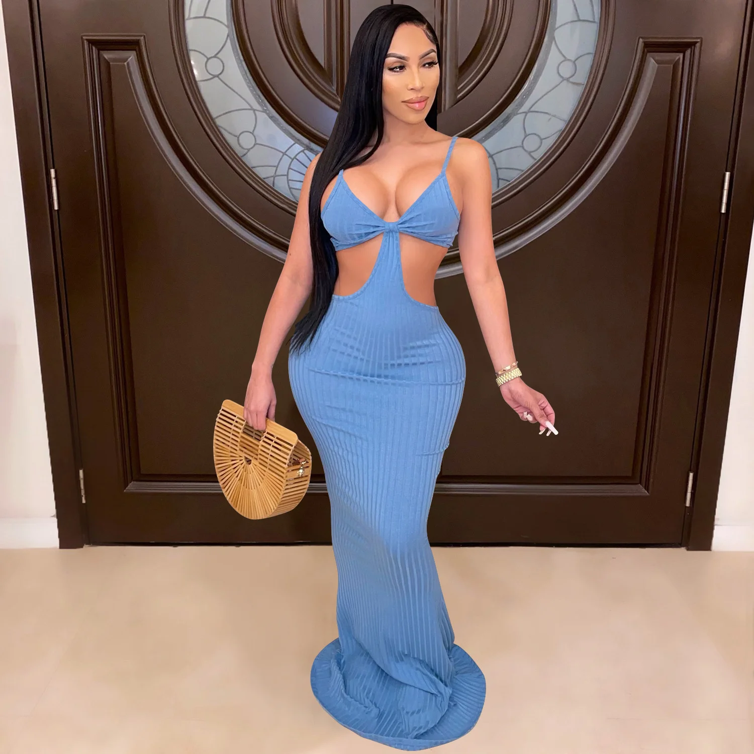 

Zoctuo Stripe Knitted Hollow Out Strap Maxi Dress Backless Bodycon Sexy Party Birthday Festival Elegant Outfits Chic Evening