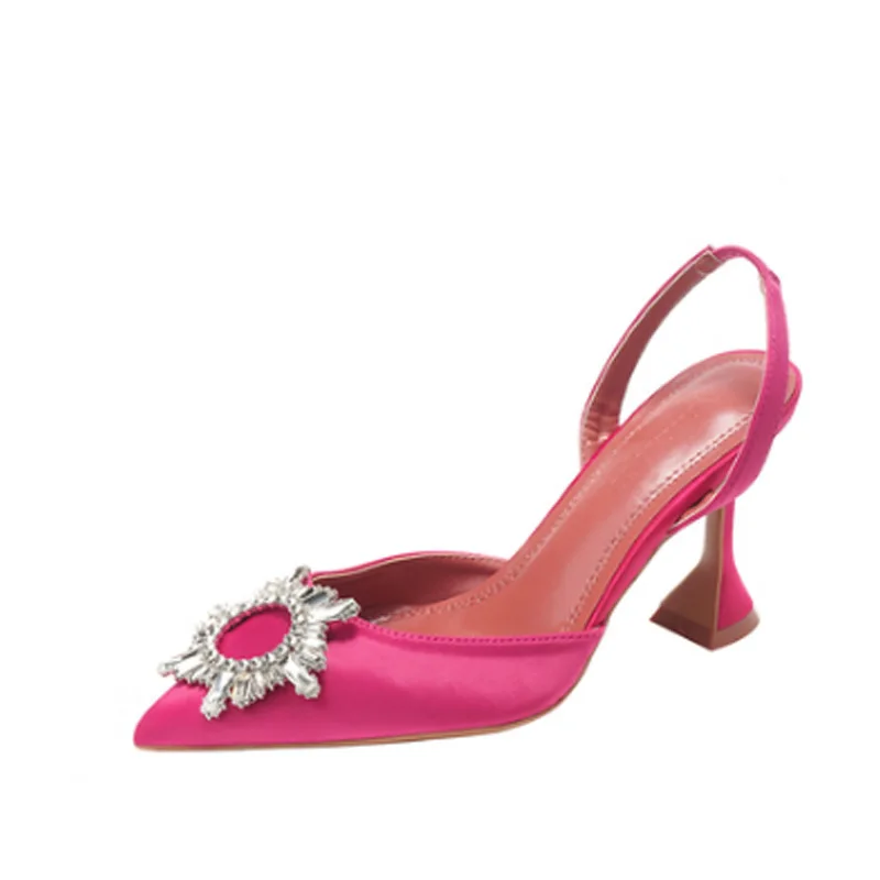 2023 Rose Pink Rhinestones Sun Flower High Heel Slingback Woman Shoes Pointed Toe Hot Woman High Heel Crystal Sun Flower Shoes