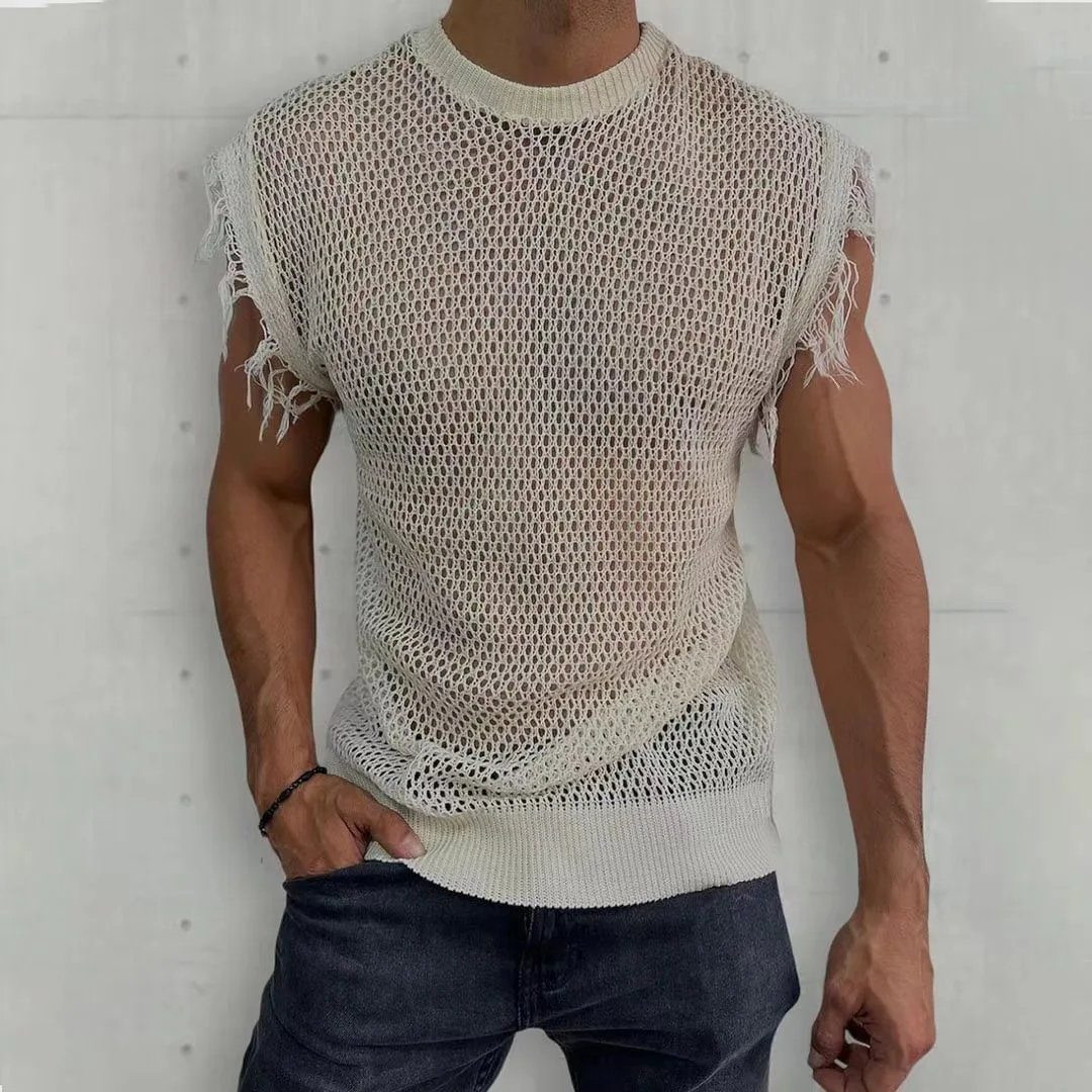 

Men Summer Sleeveless Tassels O Neck Knit Tank Top Pullover Tee Male Clothing Casual Short Sleeve Fashion Solid Hollow Vest