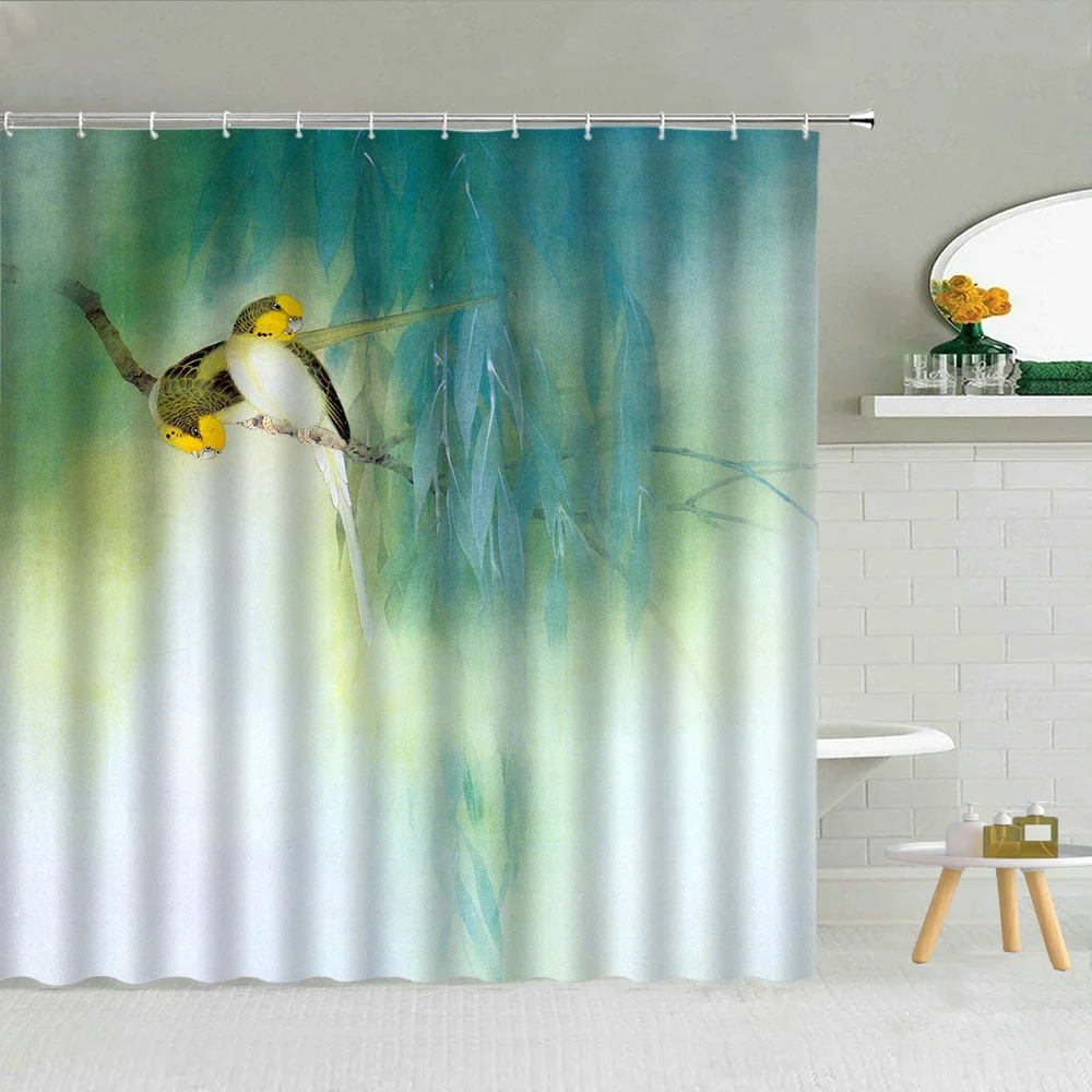 

Painting Shower Curtains Water Color Red Flower Bird Green Leaves Bathroom Decor Traditional Chinese Curtain Waterproof Cloth