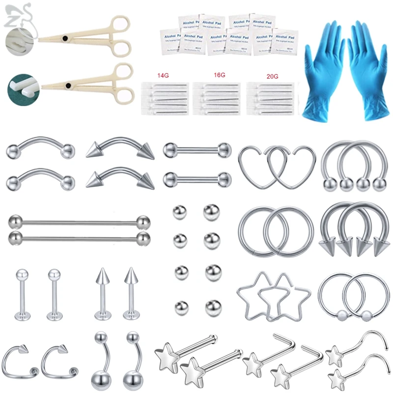 

ZS 71pcs/lot Professional Body Piercing Tool Kit 14G- 20G Stainless Steel Ear Nose Belly Button Ring Lips Eye Brows Body Jewelry