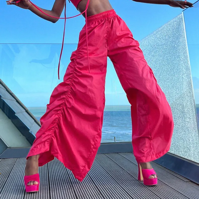 

Y2k Chic Oversized Cargo Pants Women Pleated Loose Sweatpants Lace Up Ribbon Low Rise Red Capris Casual Streetwear Summer Pants