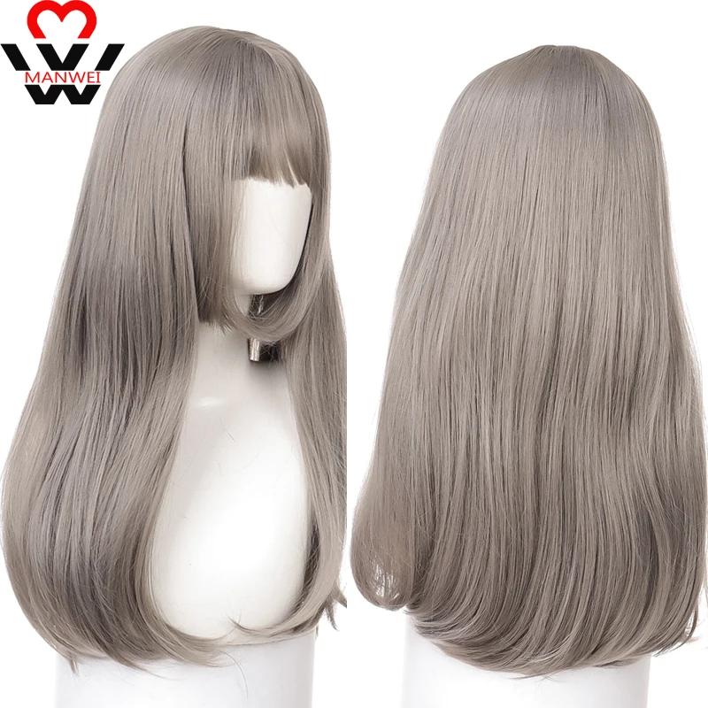 MANWEI Long Straight Synthetic Wigs Ombre Brown Gray Wig with Bangs for Women Cosplay Lolita Daily Party Heat Resistant Fiber