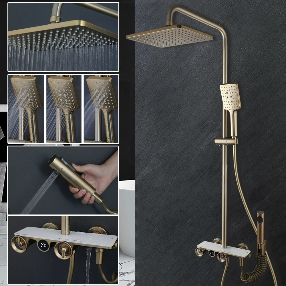 Набор смесителей для душа KEMAIDI, матовый золотой кран с цифровым дисплеем, настенное крепление, 4 функции, дождевая Душевая система, смесители с распылителями для биде