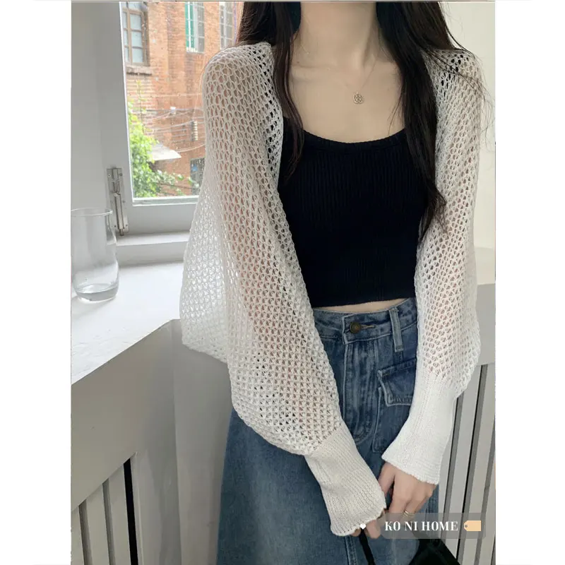 

Knitted Cardigan Women's 2022 Summer New Long-sleeved Shawl Design Loose Hollow Short Tops