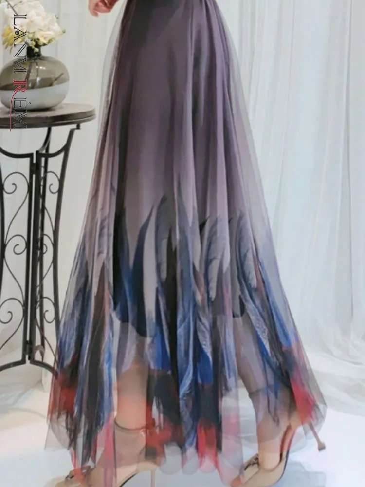

LANMREM 2022 Summer Feather Print Gradient Mesh Skirt A-line Elastic Waist Mid Length Female Elegant Party Clothing 2R2969