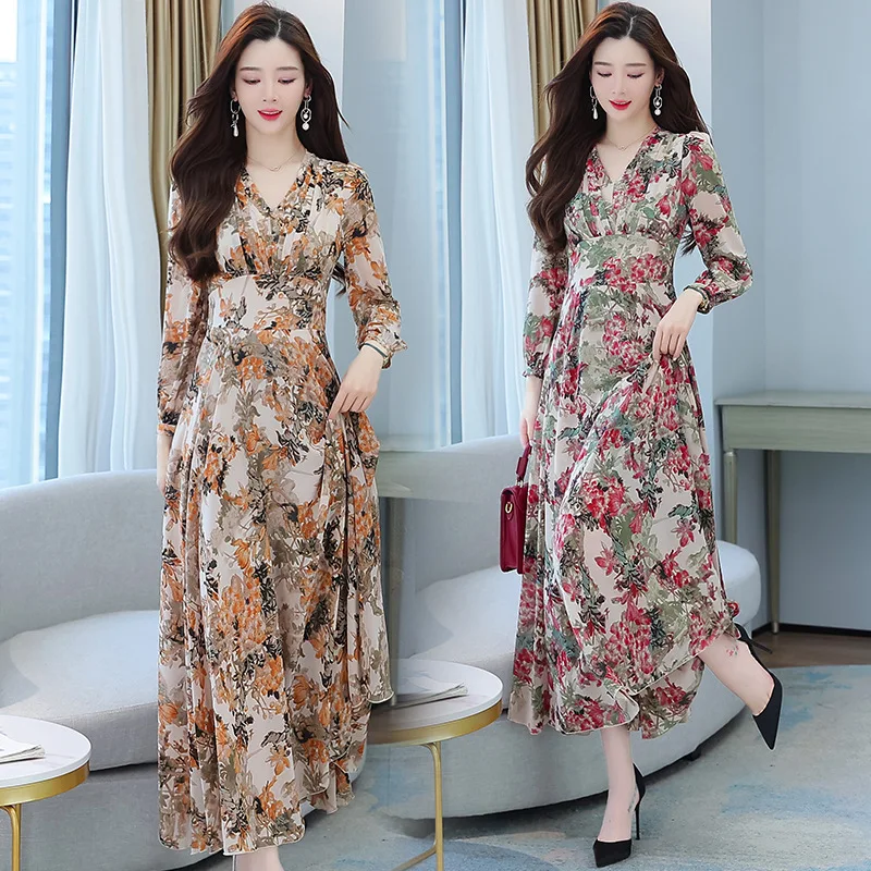 2023 Floral Long Sleeve V-Neck Maxi Dress Spring Autumn Elegant Party Evening Dress muslim maxi dresses for women