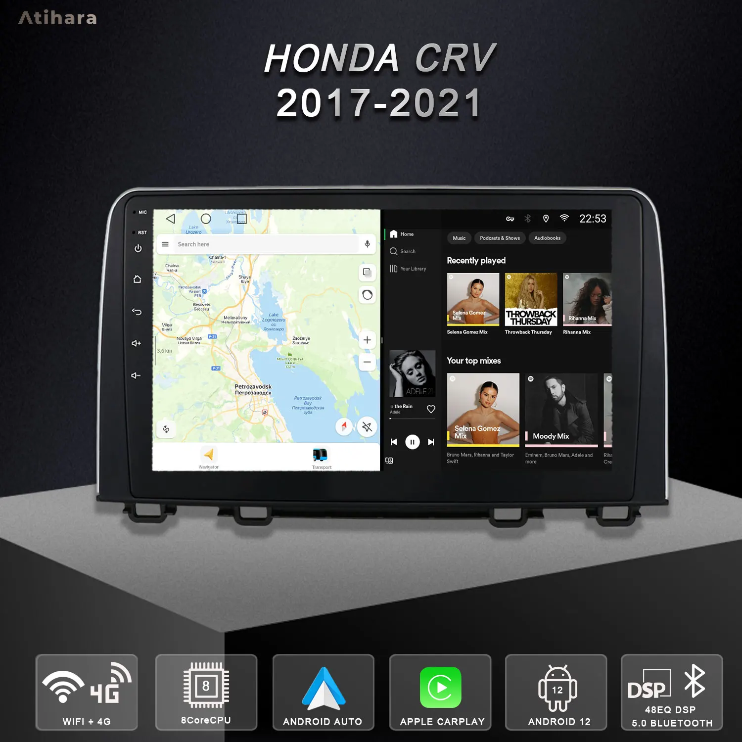 Atihara 10 1 &quotCarplay Android Auto Авто Радио для Honda CRV 2017-2021 2Din Мультимедийный плеер