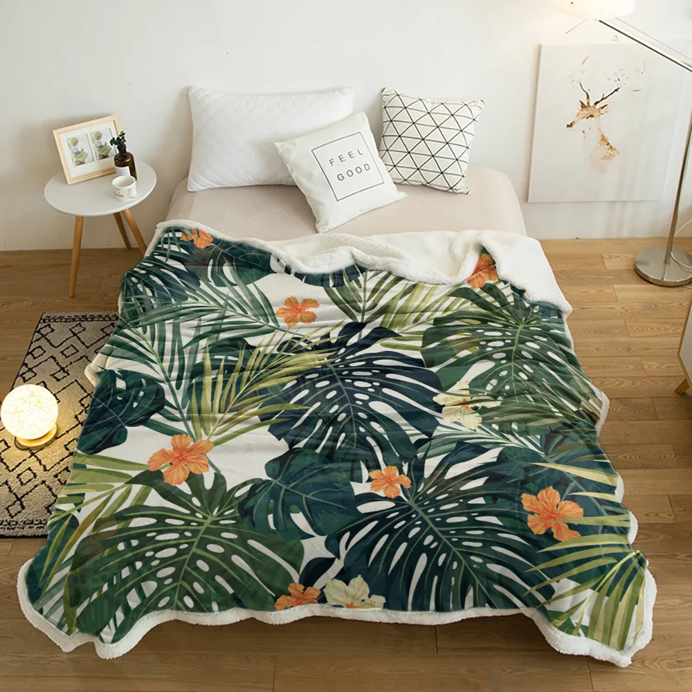 

Turtle Leaf Tropical Jungle Green Plants Lamb Cashmere Fleece Blanket Home Bed Sofa Winter Sherpa Bedding Kids Thick Bedspread