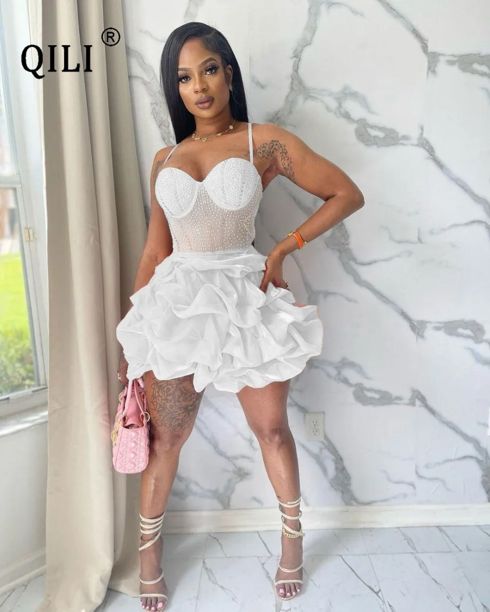 QILI-сексуальное платье на бретелях-спагетти облегающее яркий бриллиант стразы