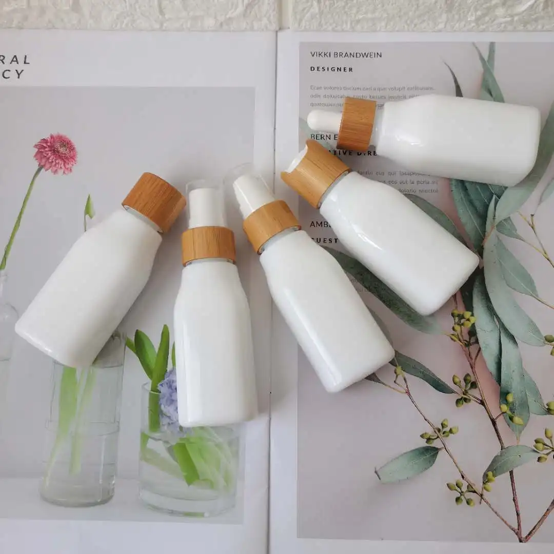 

5Pcs 40ml Square Glass Opaque White Essential Oil Dropper Bottle with Bamboo Pipette Lid Perfume Atomizer Lotion Pump Screw Caps