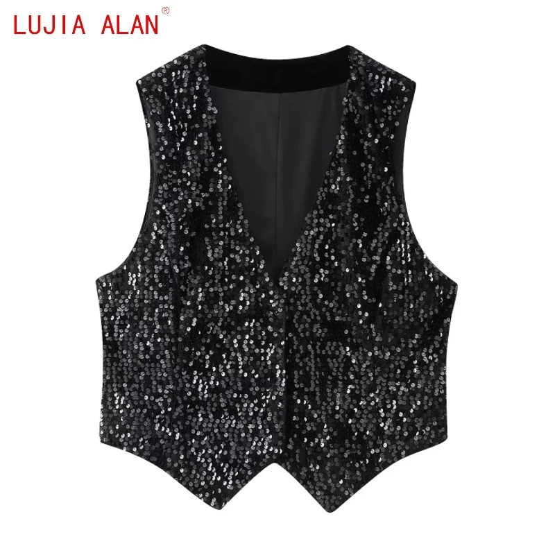 

New Women Sequins Decoration Black Short Vest Coat Female Casual V-neck Sleeveless Slim Tops LUJIA ALAN C2121