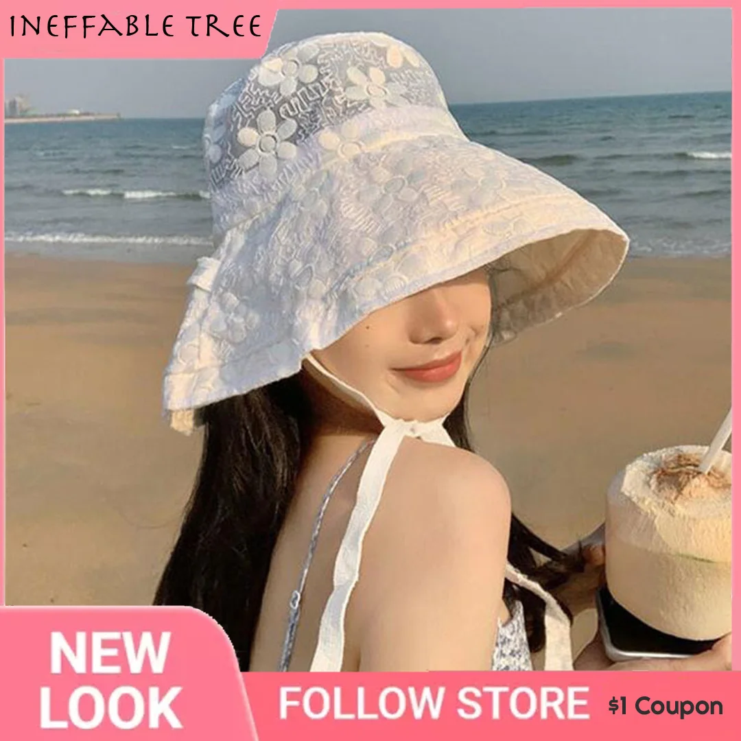 

Summer White Lace Fisherman Hats For Women Female Japanese Wide Brim Thin Section Breathable Sun Protection With Rope Bob Gorro