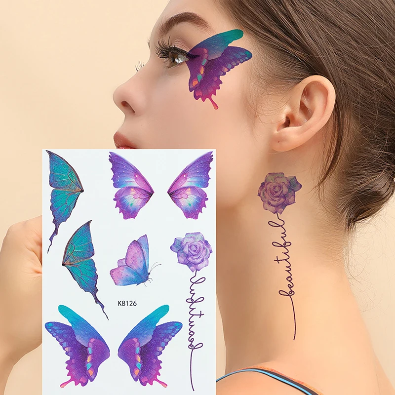 

Новые наклейки на лицо с бабочками, водостойкие Временные татуировки на лицо, руки, тело, женские музыкальные праздничные сценические наклейки для макияжа
