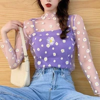 women tees transparent mesh tops t shirt daisy t shirts sheer slim lady turtleneck tops long sleeve see through floral lace sexy