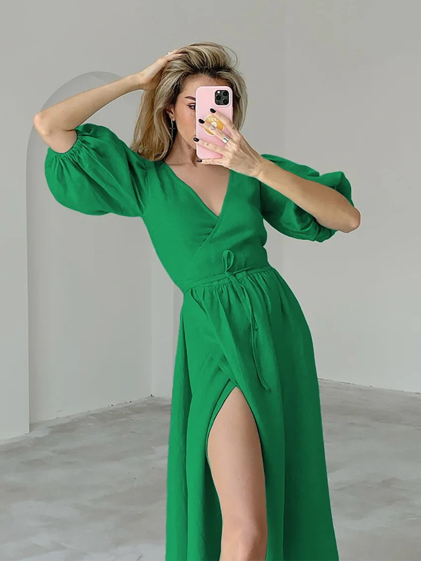 

Женское Хлопковое платье с завышенной талией, длинная трапециевидная юбка в европейском и американском стиле, платье с разрезом, лето 2022