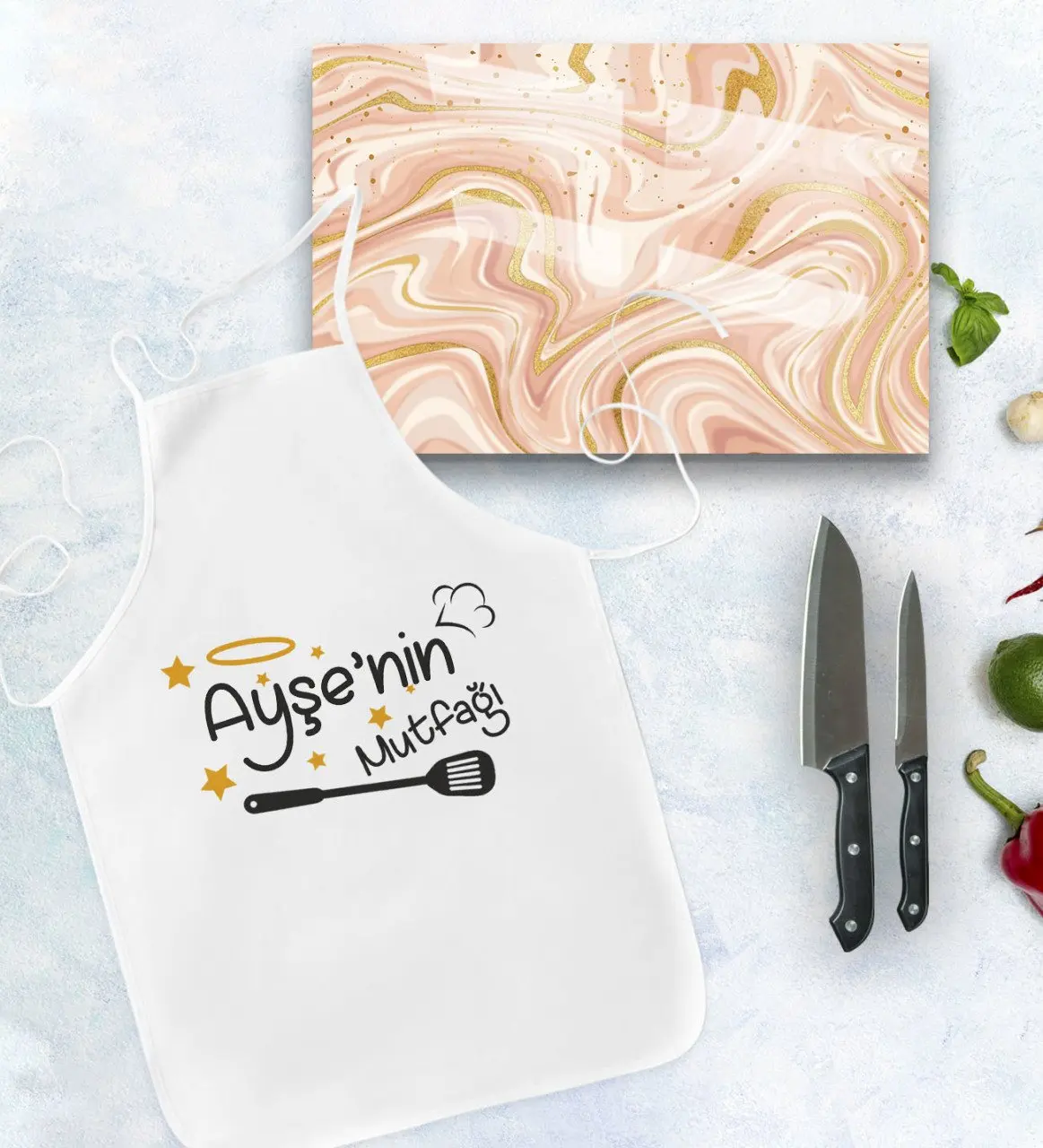 

Personalized kitchen apron and glass cutting tray gift set Model 26