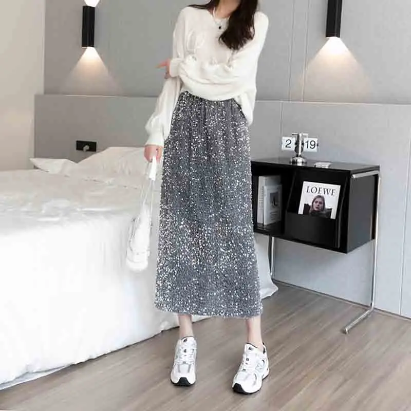 

Новинка 2023, Женская юбка на осень и зиму, стильная юбка средней длины с высокой талией и разрезом, облегающая юбка с тяжелыми блестками, Корейская версия, Женская юбка T75
