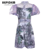 hepidem clothing summer hollow out short dress women 2022 pearl lace short sleeve lace mesh vintage jacquard slim dress 69995