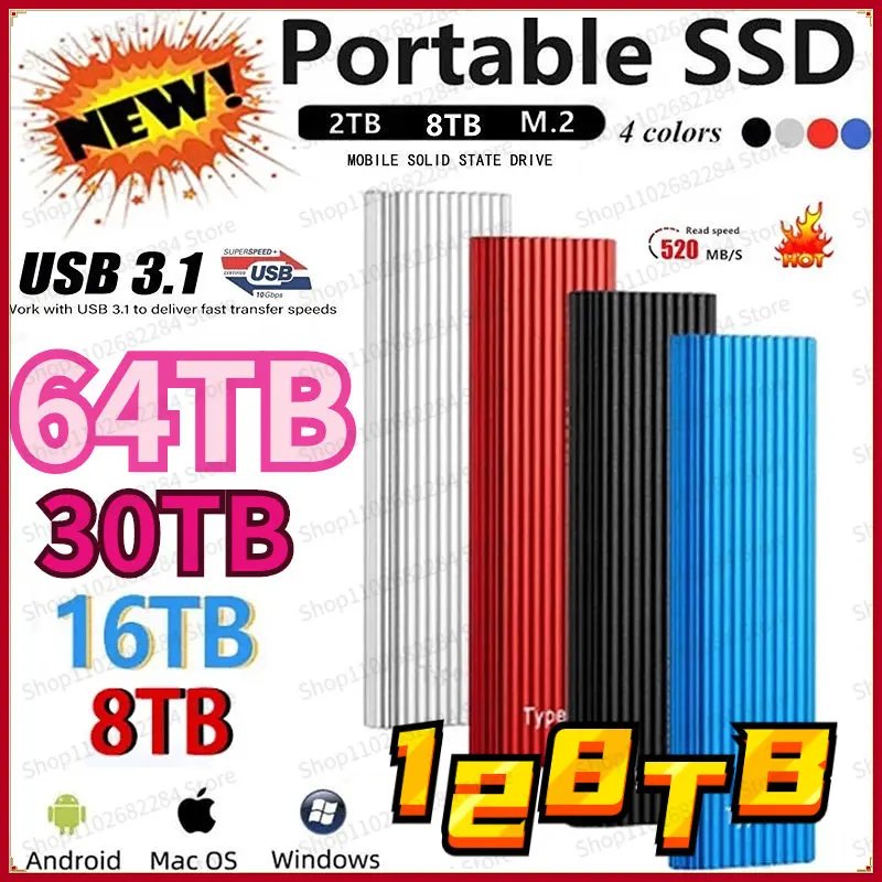 

64TB External Flash Drive HDD Portable Mobile SSD 8/4/2TB HD Externo Hard Disks USB3.0 Storage Decives for Computers Notebook
