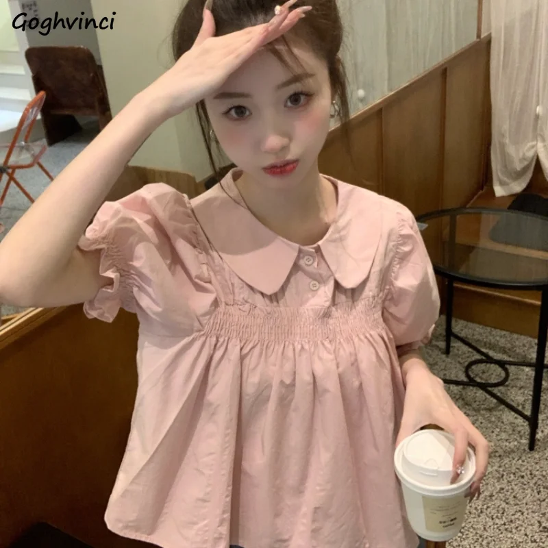 

Peter Pan Collar Blouses Women Solid Kawaii Loose Casual Folds Fashion Ruffles Literary Korean Style Students Prevalent Summer