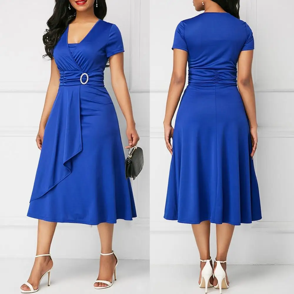 Short Sleeve Tight Plus Size Party Dress Women Dress V Neck Asymmetric Hem Waist Midi Party Dress