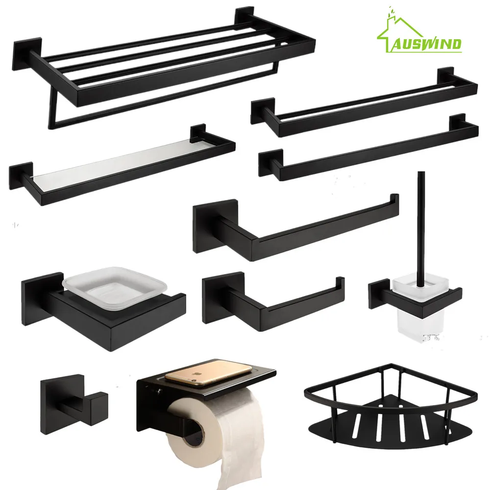 

AUSWIND black Modern 304 Stainless Steel Bathroom Hardware Set Black Oiled Bronze Square base Wall Mount Bathroom Accessories