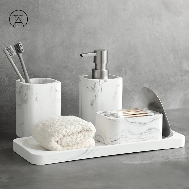 

Bathroom Accessories Set Soap Dispenser Cotton Jar Mouthwash Cup Imitation marble TumblerToothbrush Holder and Tray Marble White