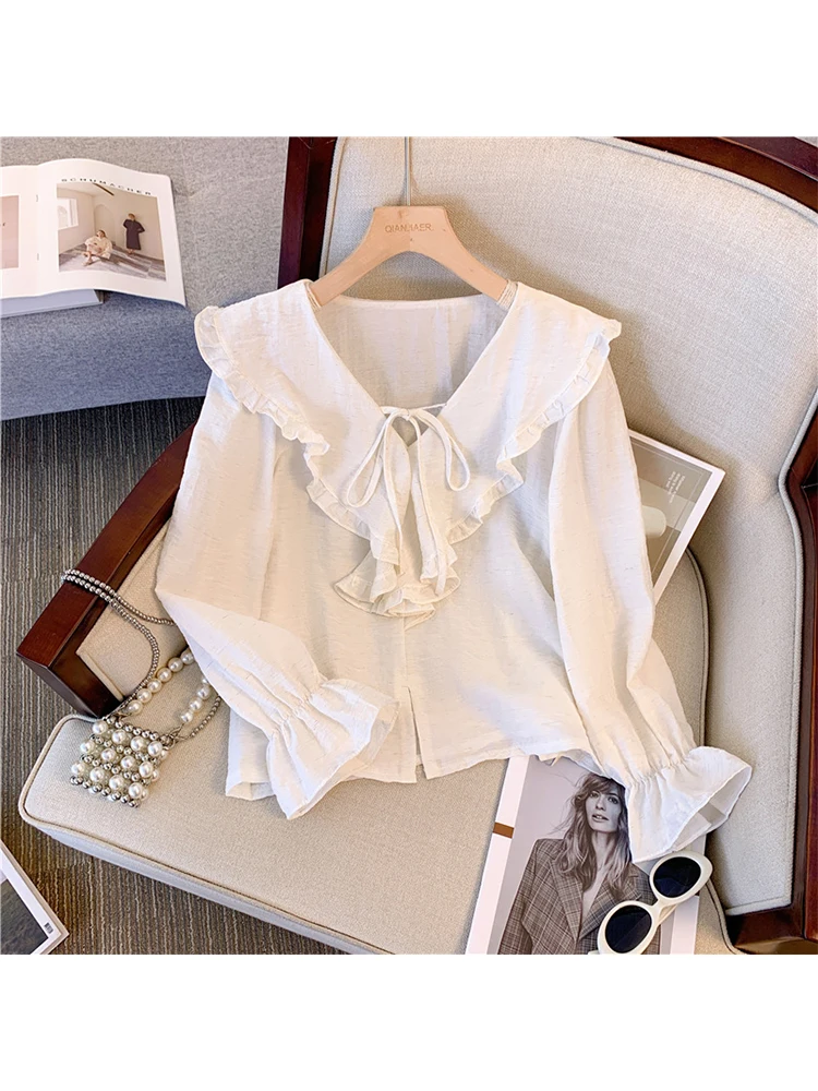 

Women Peter Pan Collar White Blouse Shirt Tops Korean Vintage Fashion Shirt Y2k Kawaii Long Sleeve Shirt Ladies Elegant Clothes