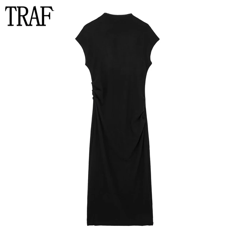 

TRAF Black Pleated Dress Woman Knitted Long Dress Women Turtleneck Bodycon Midi Dresses for Women Short Sleeve Evening Dress