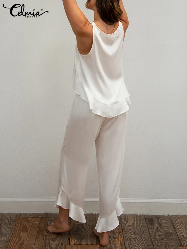 Summer Casual Loose 2PCS Pajamas Sets Women Sleeveless Tank Tops and Ruffle Wide Leg Trouser Sets Celmia Elegant Satin Sleepwear