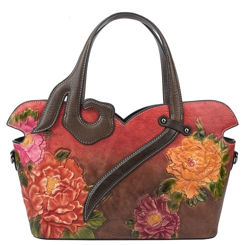 Vintage Flower Women's Genuine Leather Purses and  Handbags Women Cowhide Tote Bag Retro Shoulder Bags Designer Bags Luxury