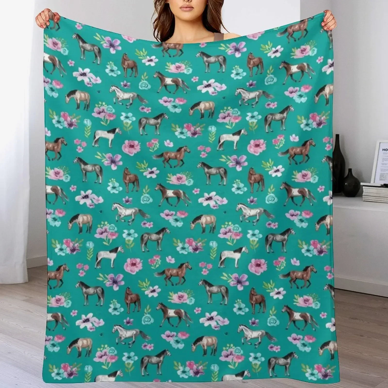Лошади и цветы на бирюзовом цвете бирюзовый принт лошади искусство одеяло в