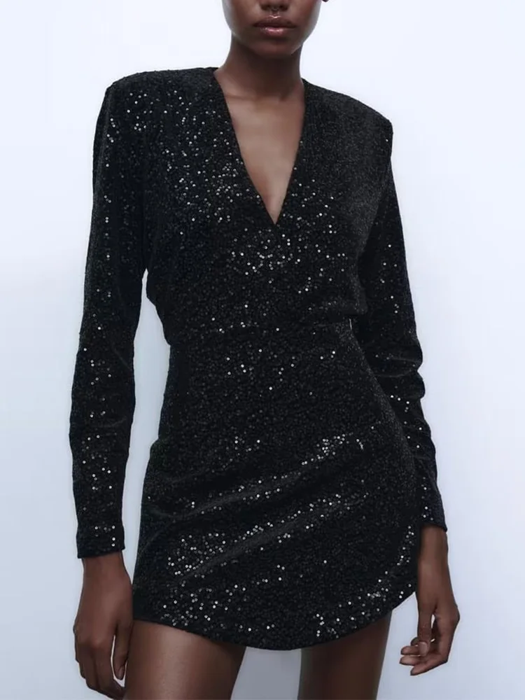

TRAF Ladies Sequins Mini Dresses Elegant Black V-neck Folds Dresses Vintage Sexy Long Sleeve Party Vestidos 2022 Autumn