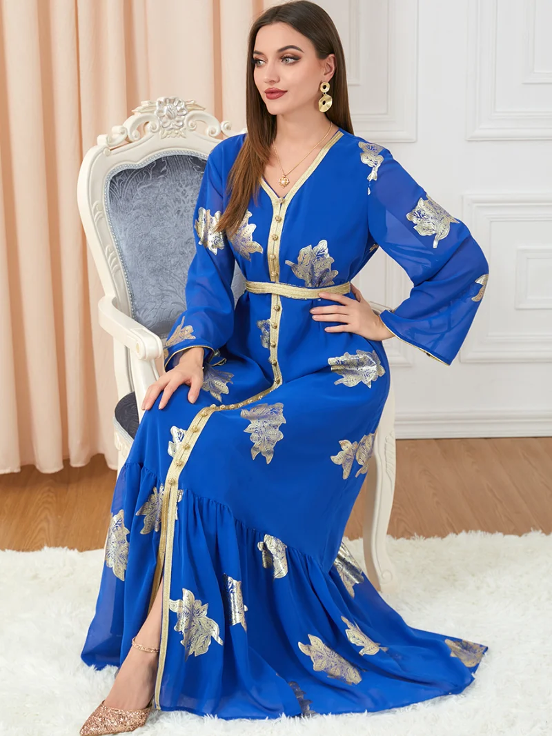 Dresses For Women 2022 Autumn Muslim Fashion Dubai Abaya Printed Button Tape Trim Belted Kaftan Split Hem Party Dress