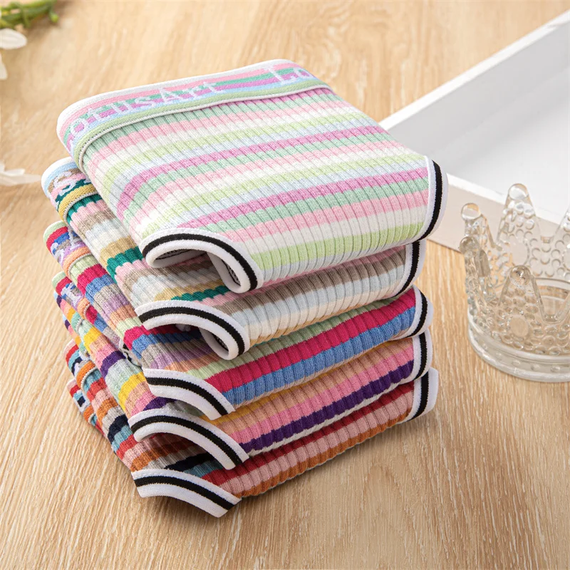 Women Cotton Colorful Stripe Panties Sexy Underwear G-String Rainbow Thong Soft Underpants Female Breathable Intimates Lingerie