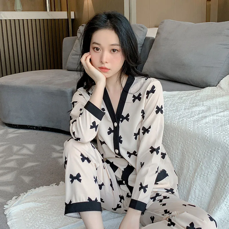 CAIYIER Big Size M-4XL Autumn Winter Love Print Nightwear Women V-Neck Long Sleeved Pyjamas Set Leisure Ladies Home Clothing