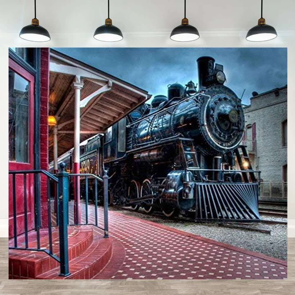 

Old Steam Locomotive Photography Backdrop Vintage Train Station Background Kid Child Boy Girl Portrait Photo Studio Props Poster