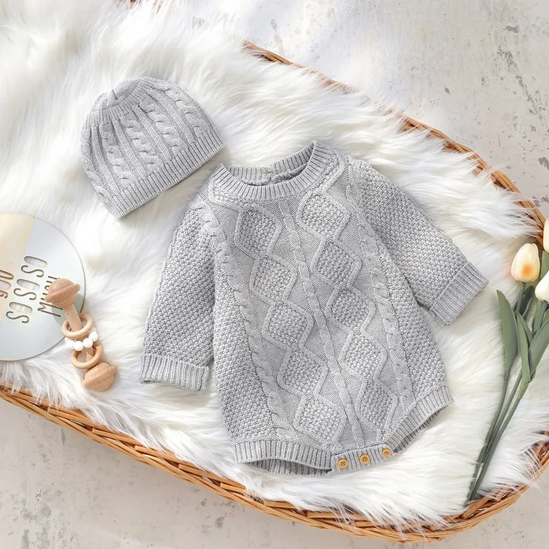 

Одежда для новорожденных девочек и мальчиков, вязаный свитер, боди с шапкой, круглый вырез, длинный рукав, пуговицы, однотонный Вязаный комбинезон, комплект шапок