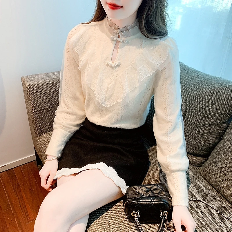 

Fulkio Women's Winter Lace Undercoat Vintage Stand Collar Long Sleeve Plush Thickened Fashion Style Top