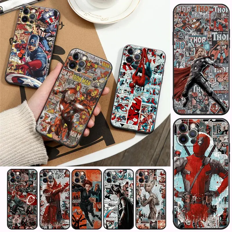 

Marvel Avengers Comic Phone Case For Appel iPhone14 13 12 11 Pro Max 8 7 SE XR XS Plus Black Soft TPU Cover Fundas Coques Shell