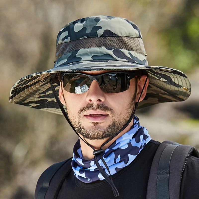 

Summer UPF50+ Sun Hats For Women Men Camouflage Panama Caps Outdoor Breathable Mesh Hiking Fishing Hat Male Foldable Bucket Hats