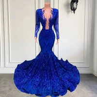 royal blue prom dress v neck mermaid glitter shiny evening dresses 2022 for african american party dress summer vestidos de fies