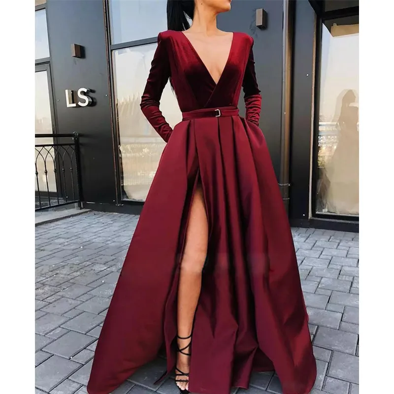 2022 Fall/Winter New Women's Fashion Temperament Elegant Sexy Dress Deep V Long Sleeve Dress Split and Slim Long Dress Lady